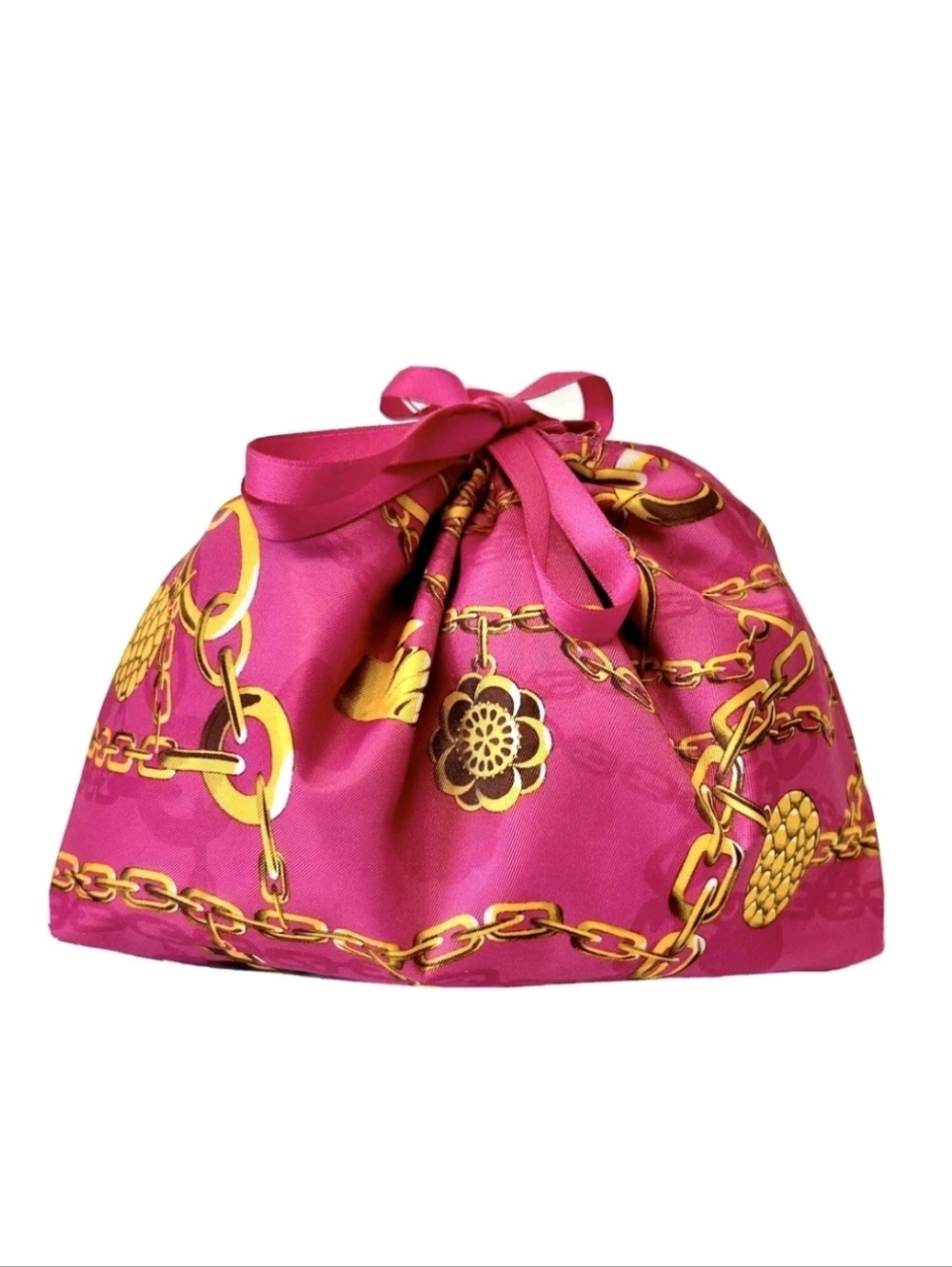 New Estee Lauder Hot Pink Gold Chain Design Drawstring Cosmetic Satin Makeup Bag